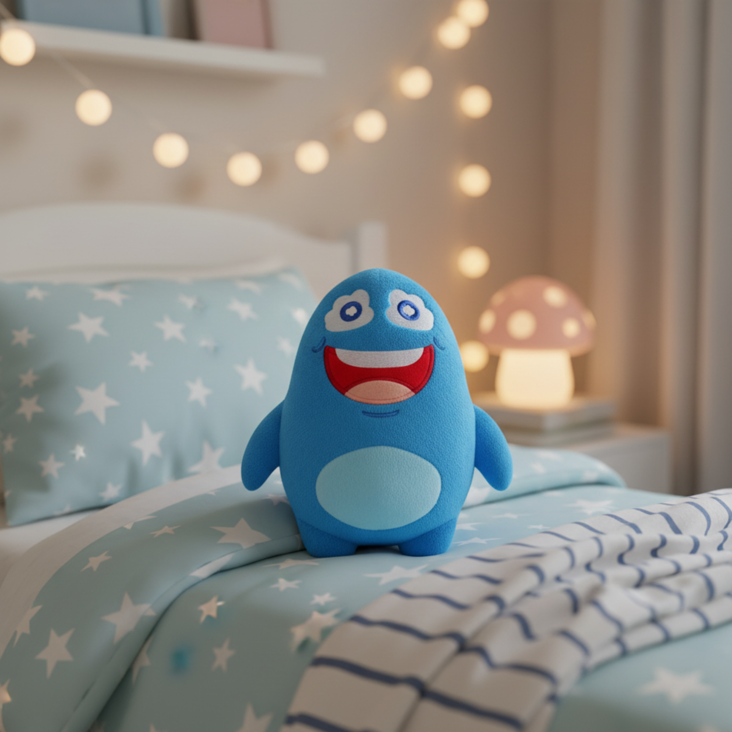 Cubanty Kuscheltier steht lächelnd auf einem Kinder-Bett und freut sich darauf seine Traumreisen zu erzählen