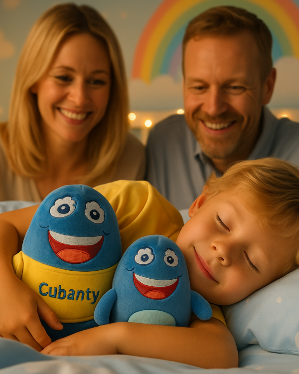 Cubanty und Cubi kuscheln mit einem Jungen und die Eltern freuen sich, dass ihr Kind ruhig schläft