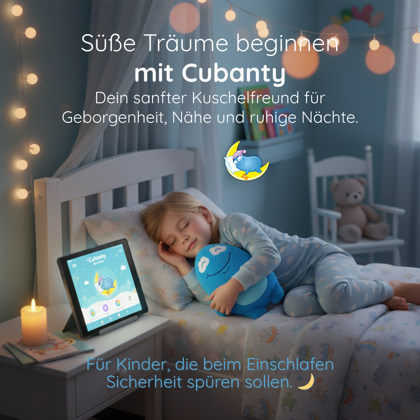 Schlafendes Mädchen mit Cubanty Kuscheltier im Arm – natürliche Einschlafhilfe für Kinder für ruhige, süße Träume
