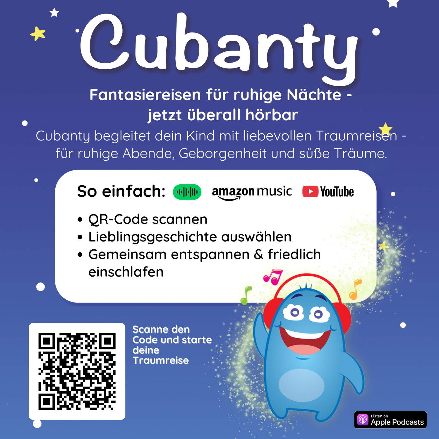 Cubanty Kuscheltier mit Streaming-Code – Fantasiereisen für Kinder für ruhige Nächte auf Spotify, Apple & Co