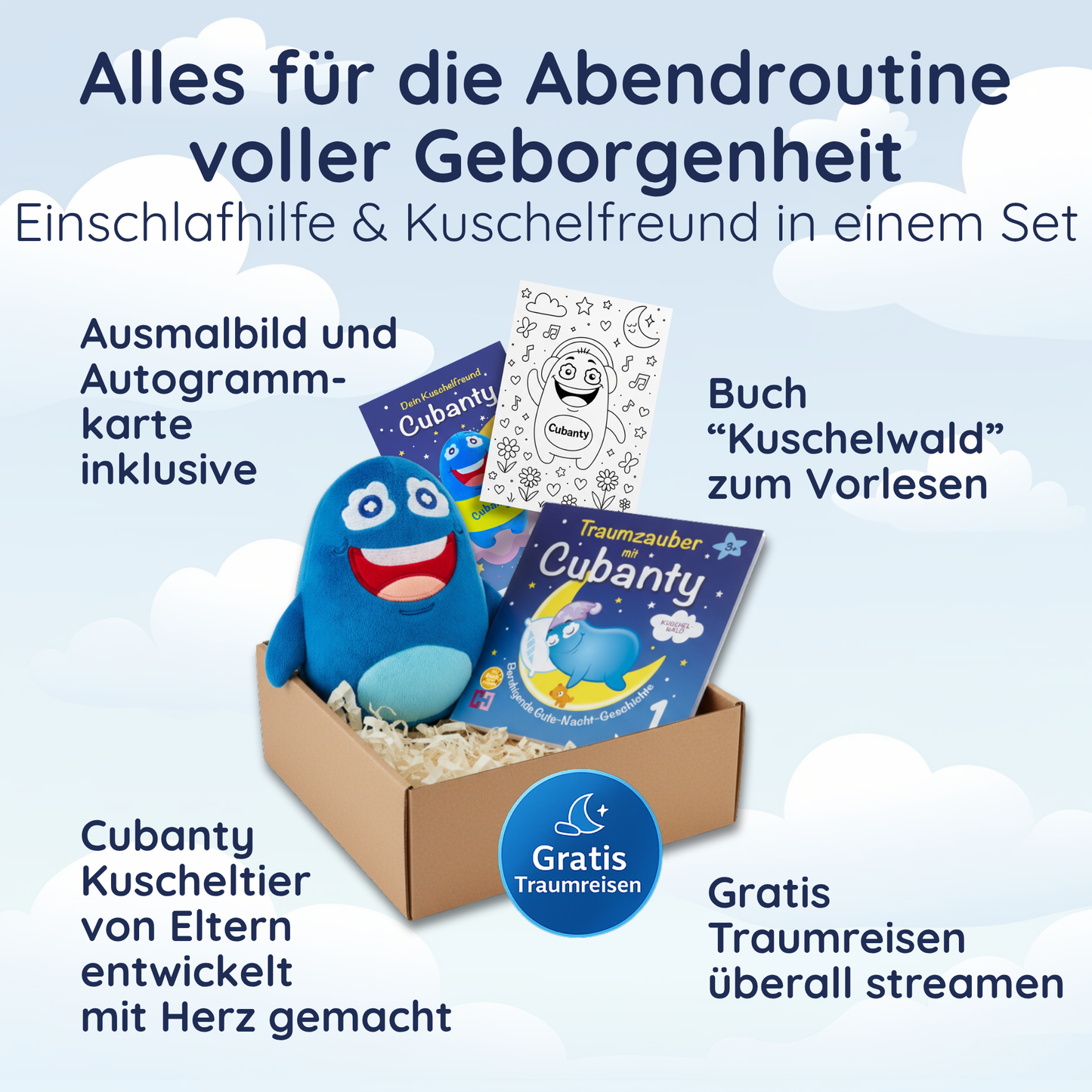 Cubanty Geschenkset – alles für die Abendroutine voller Geborgenheit, Schlafhörer und Kuschelfreund in einem Set
