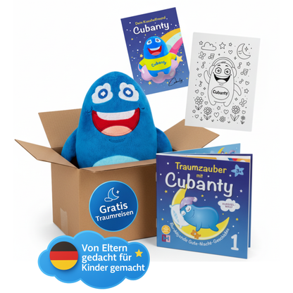 Cubanty Geschenkset - Einschlafhilfe & Kuscheltier mit Gute-Nacht-Buch „Kuschelwald“ - Fantasiereise für Kinder ab 3 Jahren
