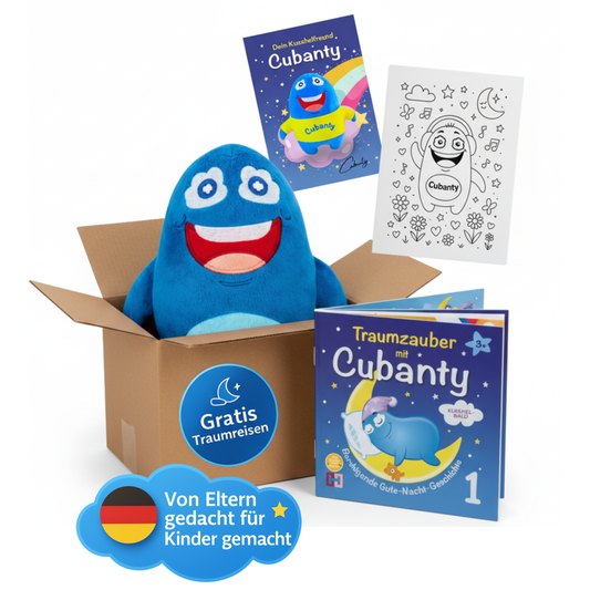Cubanty Geschenkset - Einschlafhilfe & Kuscheltier mit Gute-Nacht-Buch „Kuschelwald“ - Fantasiereise für Kinder ab 3 Jahren
