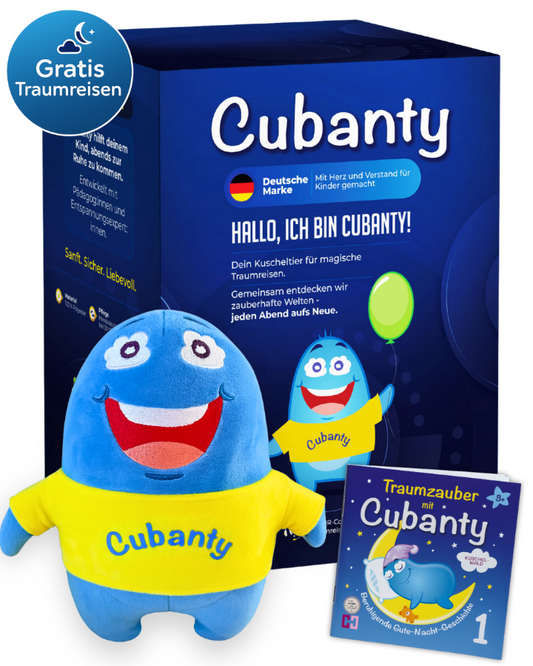 Cubanty_Kuscheltier_Traumzauber Set im Geschenkkarton: Cubanty 27 cm, Autogramkarte, Ausmalbild. Buch und gratis Traumreise Kuschelwald