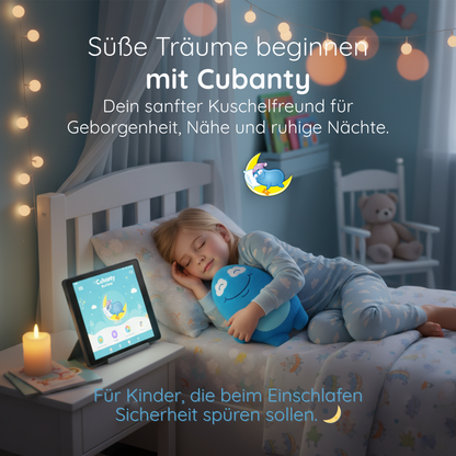 Schlafendes Mädchen mit Cubanty Kuscheltier im Arm – natürliche Einschlafhilfe für Kinder für ruhige, süße Träume