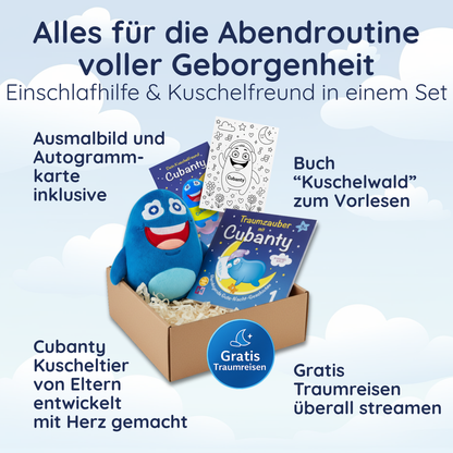 Cubanty Geschenkset – alles für die Abendroutine voller Geborgenheit, Schlafhörer und Kuschelfreund in einem Set