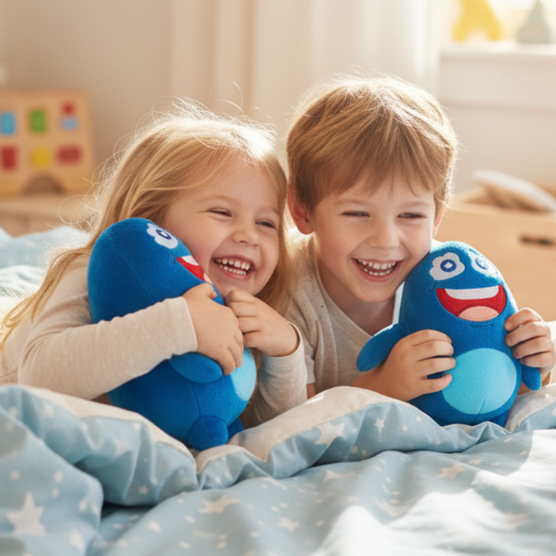 Zwei Kinder spielen fröhlich mit dem Cubanty Kuscheltier auf dem Bett – Freude, Nähe und Geborgenheit im Alltag